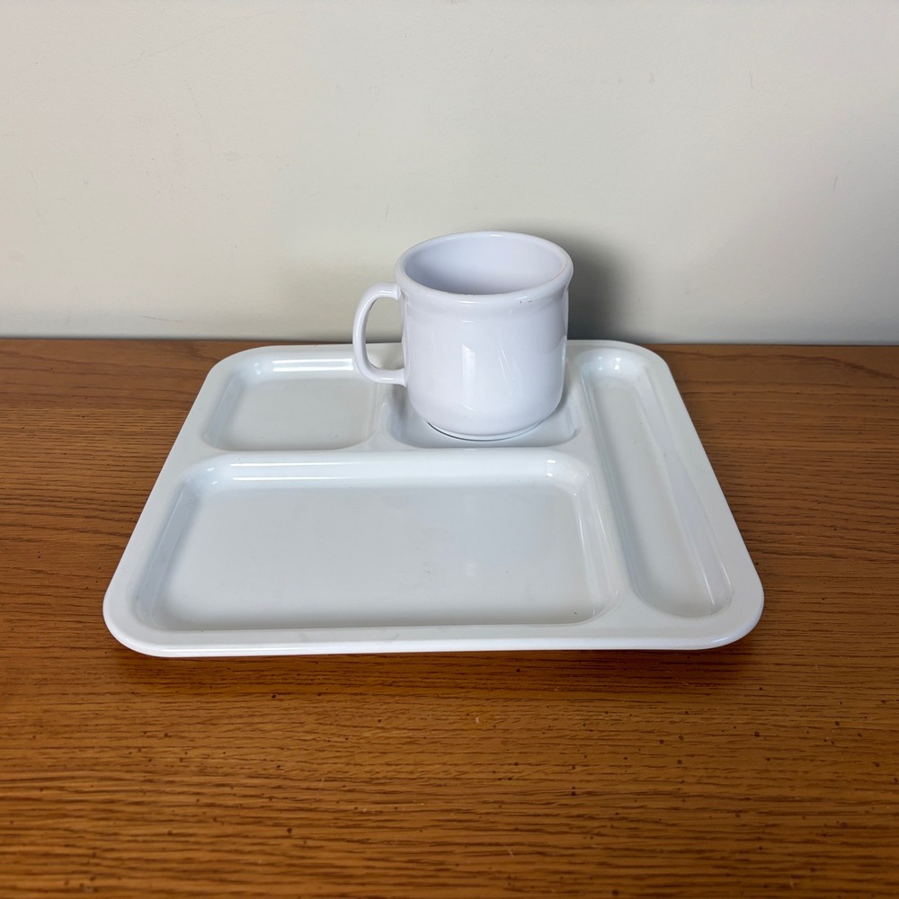 Texas Ware White Melamine Divided Cafeteria Tray and Mug Set MCM Retro